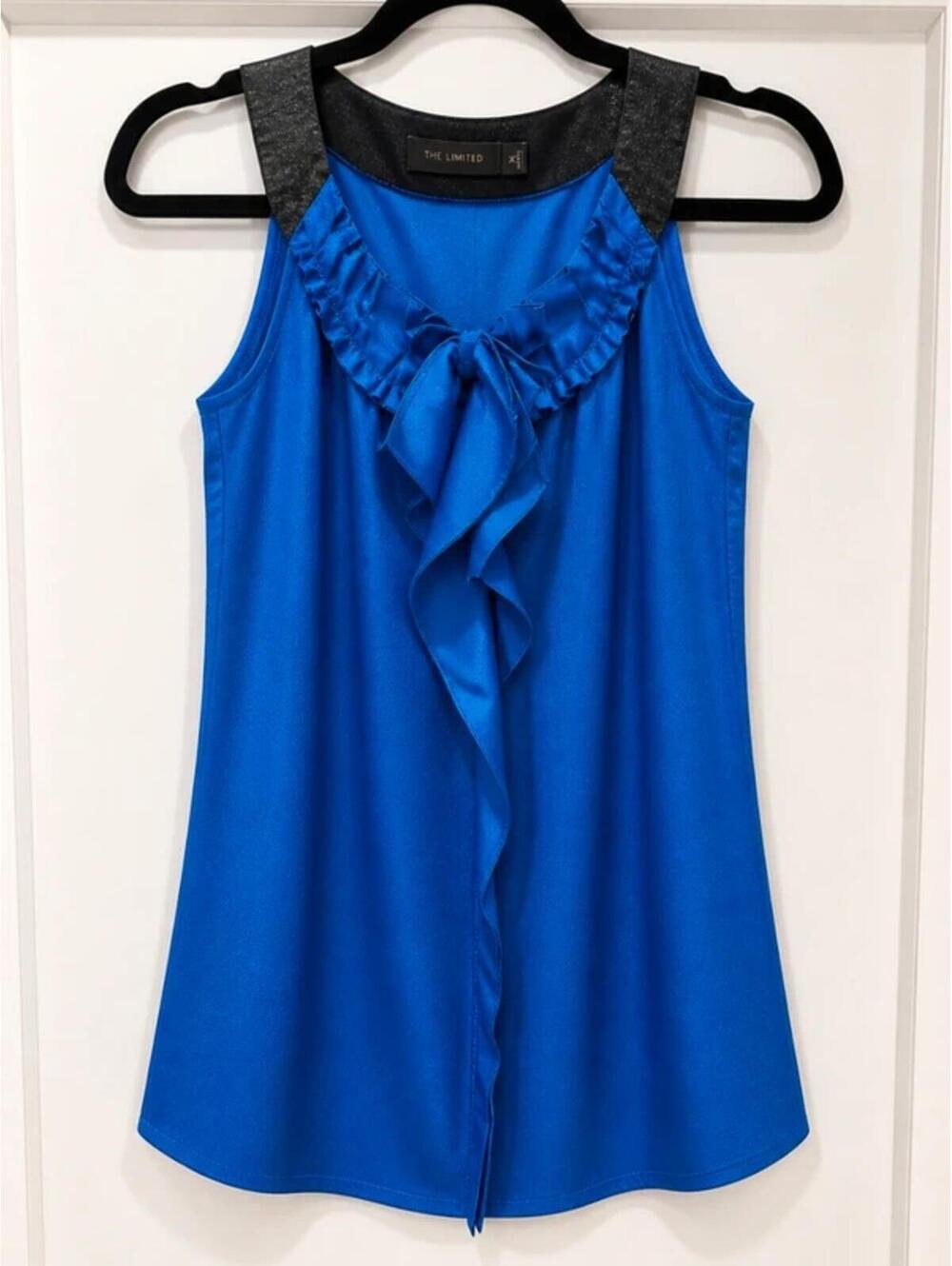 The Limited Royal Blue Sleeveless Blouse XS Ruffle Tie Neck Satin Top